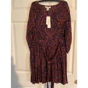 Pinky Women Navy Rust Paisley V-Neck Tie Waist Pocket Dress 7R7259-BK Size M NEW